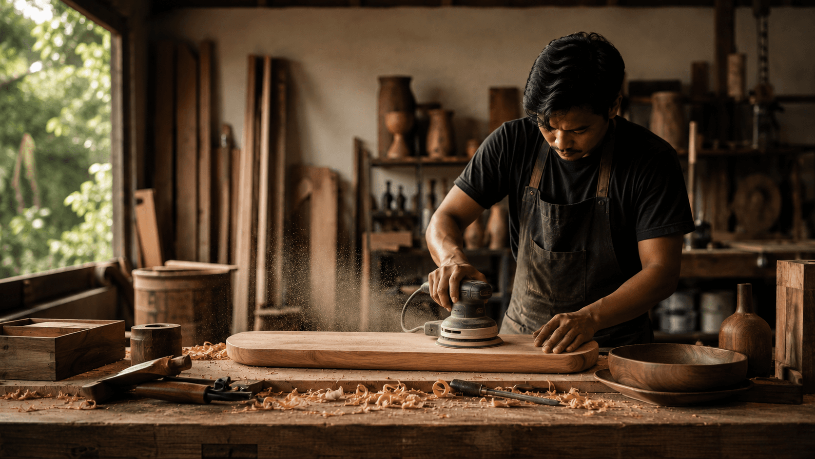 Proses finishing dan pengerjaan kayu Kaloka Craft